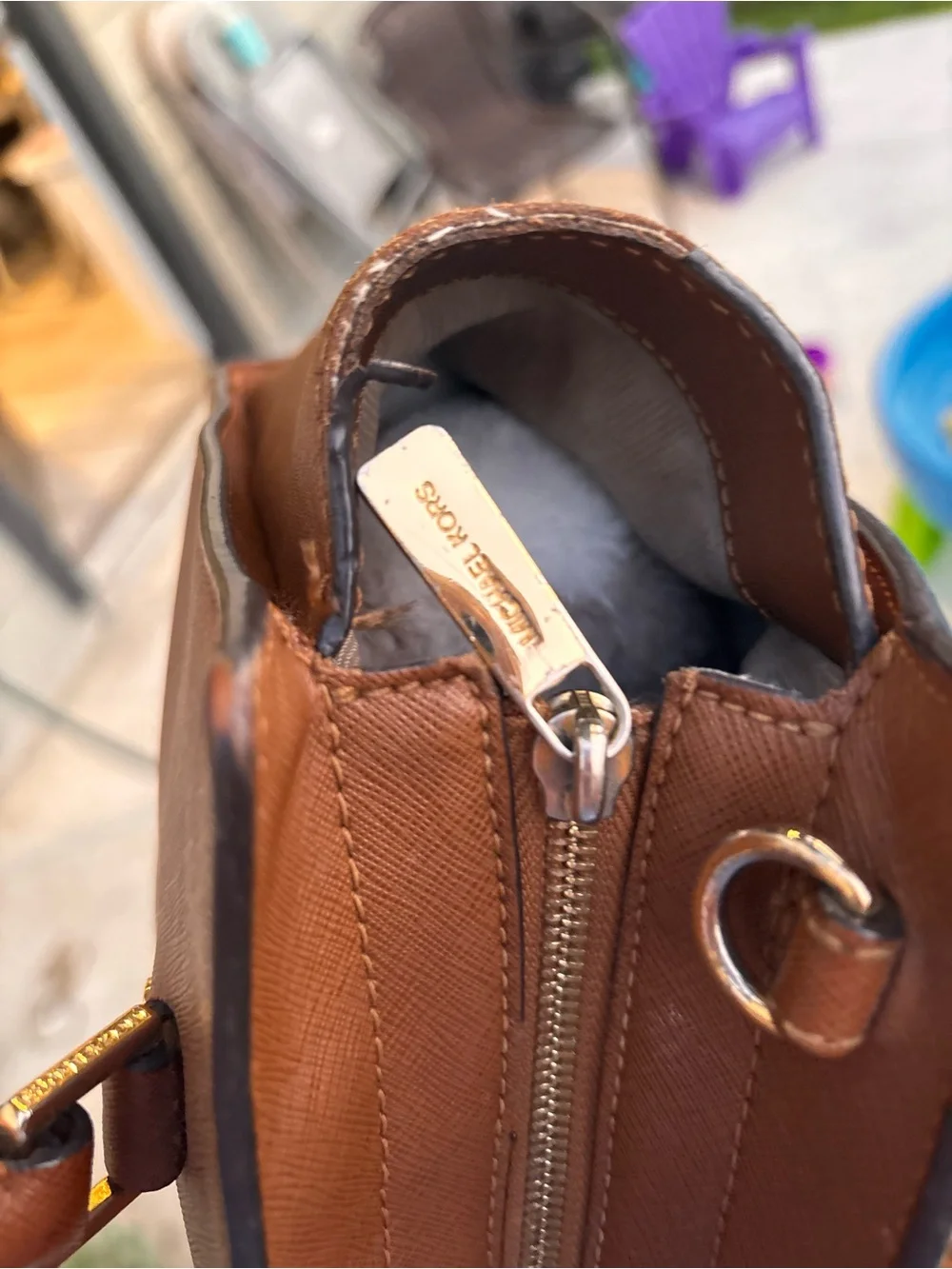 MICHAEL KORS Cognac Saffiano Leather Satchel with Gold Hardware